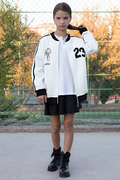 Cansın Mini Ecru Beautifull Written Sleeve Stripe Girl's College Cardigan 21192