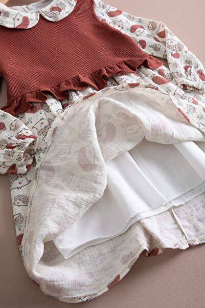 Cansın Mini Kiremit Kirpi Desenli Süveterli Kız Çocuk Elbise 20224