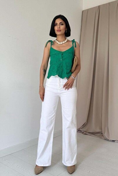 Melek Moda Green Lace-Up Brode Blouse