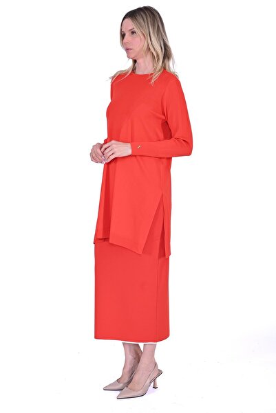Invee Knitted Detailed Slit Tunic Oranj