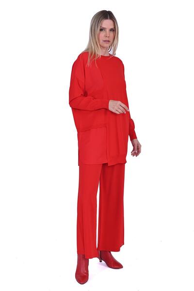 Invee Pencere Triko Tunik KIRMIZI