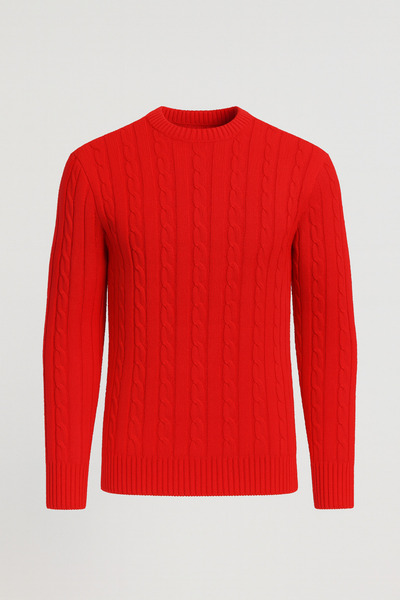 Valiberta Hair Braided Crew Neck Men's Knitwear Sweater - Red