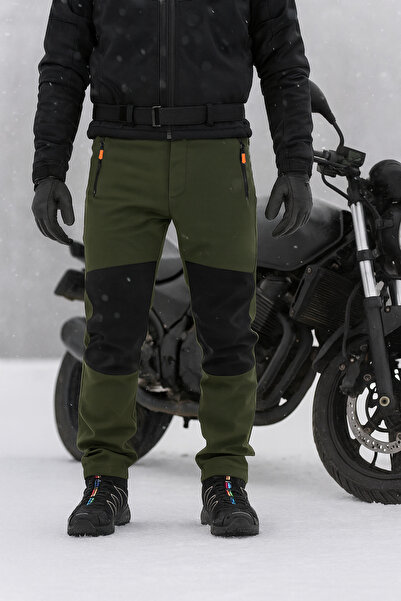 DRC Outdoor Kışlık Haki Siyah Softshell Motorcu Pantolonu – Su ve Rüzgar Geçirmez Polar İçli