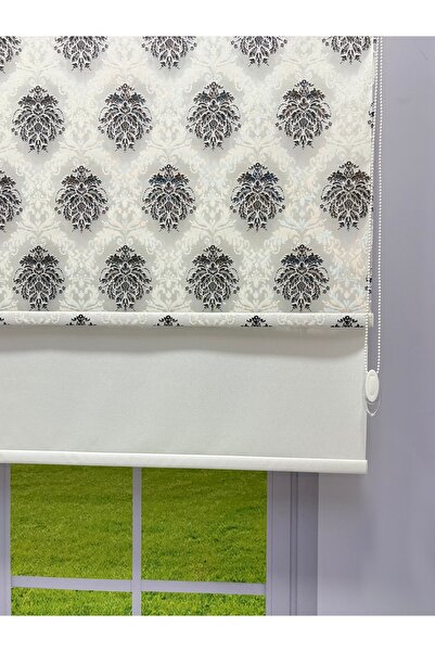 donatti perde Gri Damask Desenli Çift Mekanizmalı Tül ve Stor Perde - Simli Kumaş, Simli Stor Perde