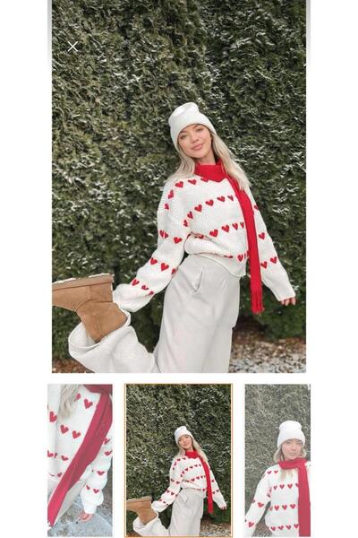 Sena Women's Soft Textured Heart Patterned Trendy Knitwear Sweater
