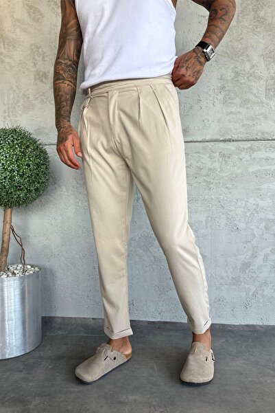 MADZEYMODA Ανδρικό παντελόνι Boyfriend Mold Πλισέ Διπλό Μπεζ υφασμάτινο παντελόνι KE-1023