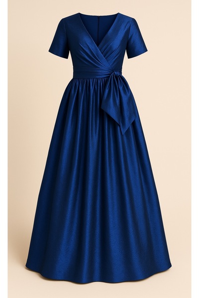 MERT ERKAN Kruvaze Kapamalı & Kuşaklı Maxi Tafta Şık Elbise