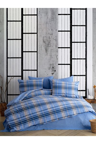 Dovira Set cuvertură de pilota dublă din bumbac în carouri albastre (fără cea...