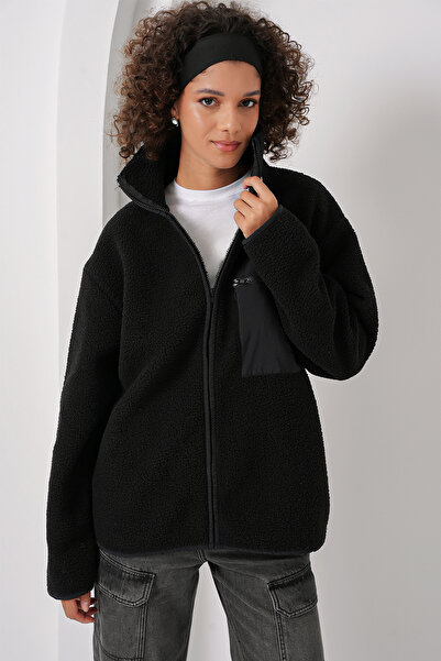 Bigdart 55446 Zippered Oversize Plush Jacket Coat - Black