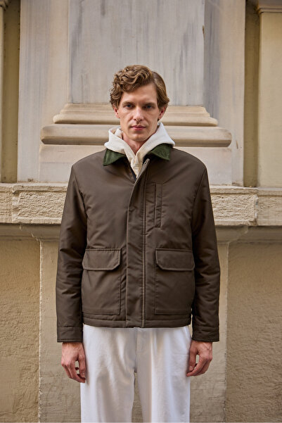 Danger Ανδρικό παλτό με γιακά με αντίθεση Μπουφάν Χακί