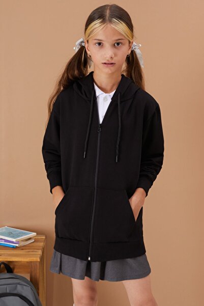 Cansın Mini Girl's Hooded Zippered Black School Cardigan 16191
