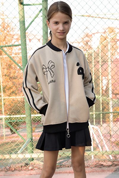 Cansın Mini Beige Beautifull Written Sleeve Stripe Girl's College Cardigan 21195