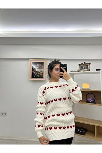 Sena Women's Soft Textured Heart Patterned Trendy Knitwear Sweater