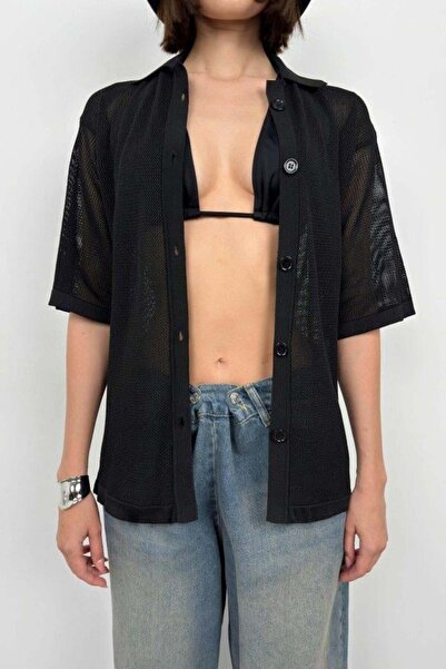 Omarı Polo Neck Mesh Blouse