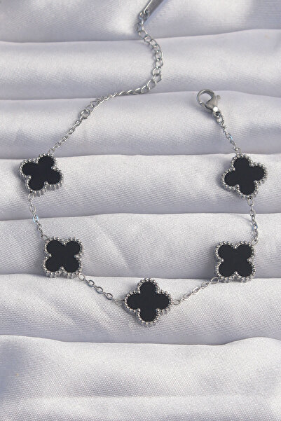 Lisinya سوار من الفولاذ 316L باللون الفضي مع زهرة البرسيم السوداء المطلية بال...