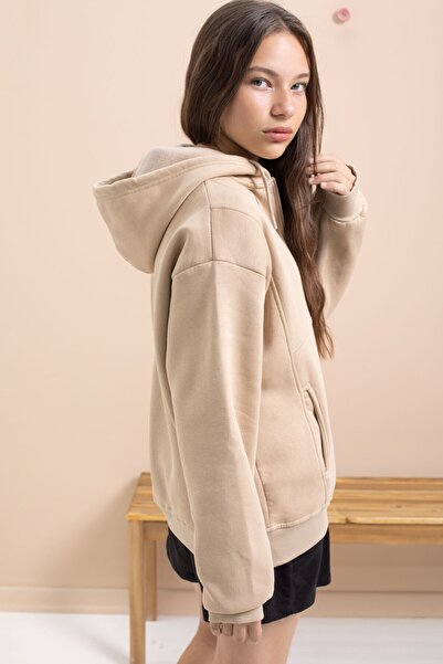 Cansın Mini Beige Girl's Hooded Cardigan with Hood 21522