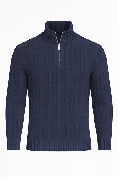 Valiberta Бардем Плетен мъжки пуловер с половин цип и плитки - индиго