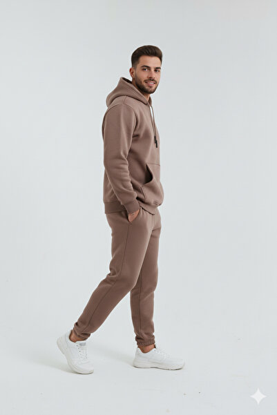 OXVİN Σετ φόρμας τριών κλωστών με συμπαγή κουκούλα, τσέπες καγκουρό και βαμβακερή επένδυση στο εσωτερικό