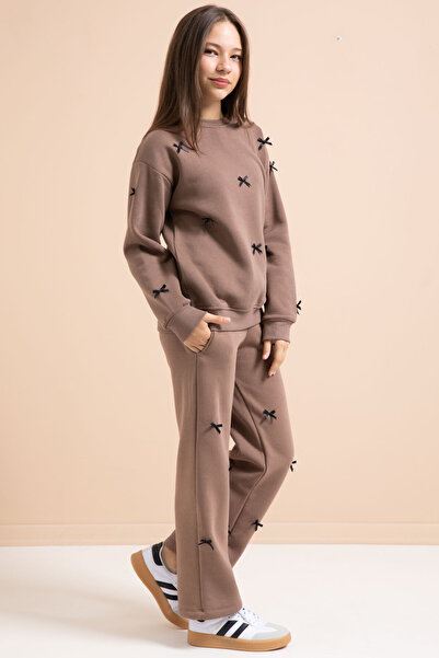 Cansın Mini Кафе с бродерия на велосипедна яка за момичета с шардоне спортен костюм 21290