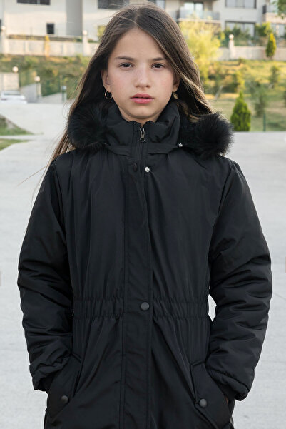 Cansın Mini Black Snap Pocket Flexible Waist Fur Inside Girl's Hooded Coat 21301