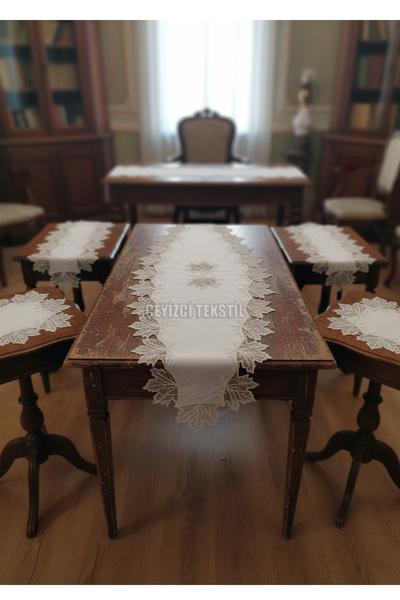Çt Çeyizci Tekstil Velvet Living Room Set - 5 Piece Lacy Table Cover Runner Set