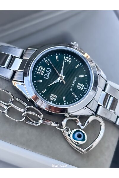 Q&Q Marka Gümüş Renk Çelik Kordon, Beyaz - Mint Yeşil Kadran, Sevgili Saati + Bileklik Tesbih