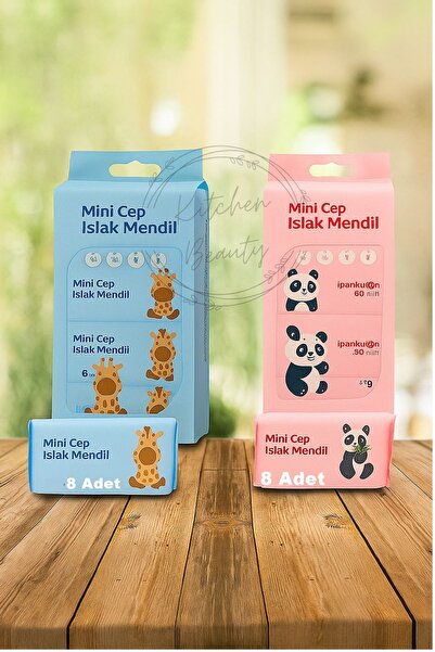 Kitchen Beauty 8 Paket 64 Yaprak Mini Islak Mendil Taşınabilir Çanta Boy Cep Tipi Islak Mendil