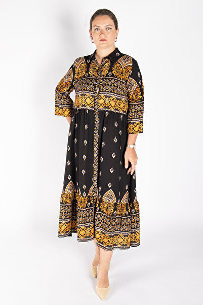 Bedrinxxl Kadın Büyük Beden Siyah Etnik Desenli Midi Viskon Elbise Şık Yazlık...