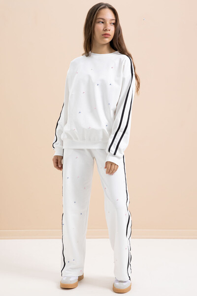 Cansın Mini White Pearl Embroidered Crew Neck Girls Striped Tracksuit Set 21293