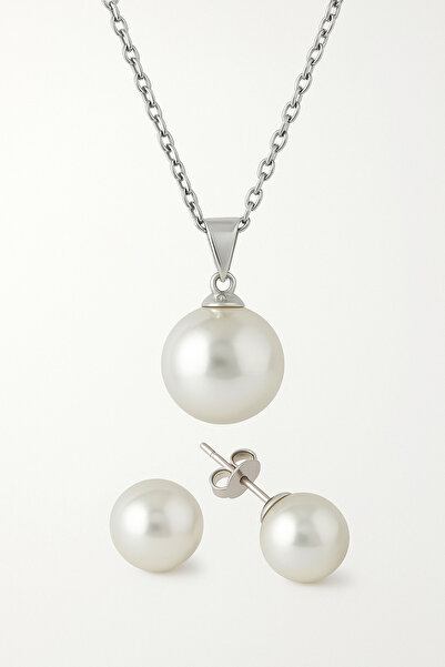 bymissmücevherat İnci Set Kolye Küpe Set 925 Ayar Gümüş 10 Mm