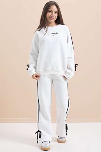 Cansın Mini White Girl's Stripe Detailed 3-Thread Ribbed Suit 21514