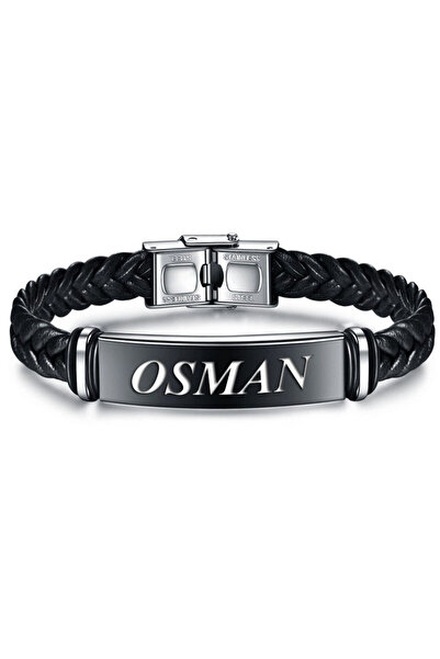 Personalized Printed Leather Black Steel Men's Bracelet Scb14