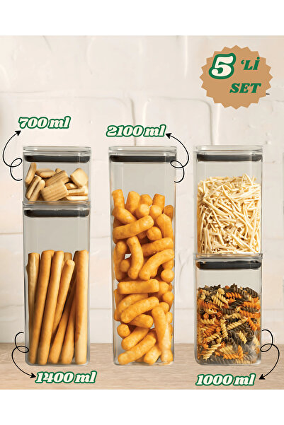 Stile Cucina Set of 5 Vacuum Sealed Square Food, Flour, Pulses Storage Containers - 1X700 ml - 2X1000 ml - 1X1400 ml - 1X2100 ml