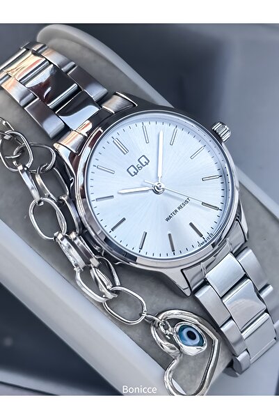 Q&Q Brand Silver Color Dial ,Steel Band, Certified, Retro Women Wristwatch+Bracelet