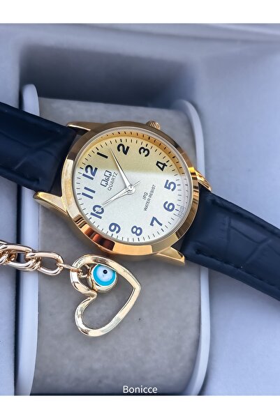 Q&Q Brand Retro Black Color, 24 Months Warranty, Waterproof, Leather Strap with Numbers Women's Wristwatch+Bracelet