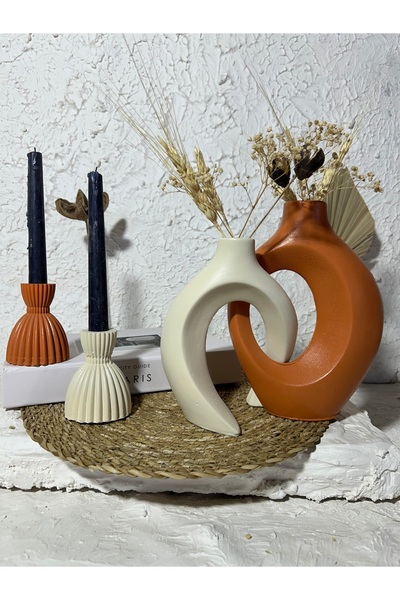 Zigzag Home Decorative Bohemian Style Dear Ivy Vase and Candlestick Candle Holder Set Figurine Vase Set Decorative