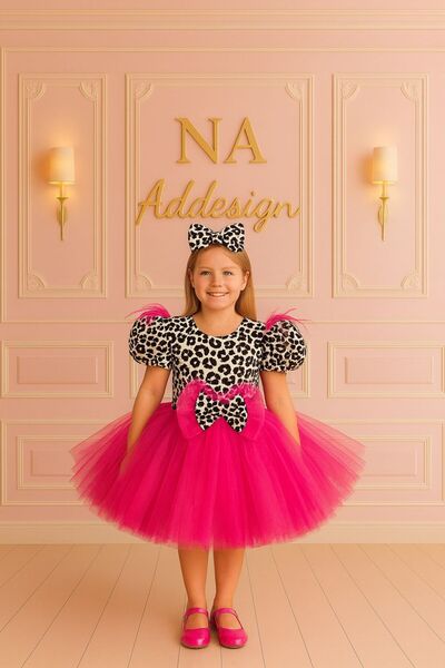 NA ADDESIGN Kız Çocuk Leopar Desenli Tüllü Kabarık Abiye Elbise