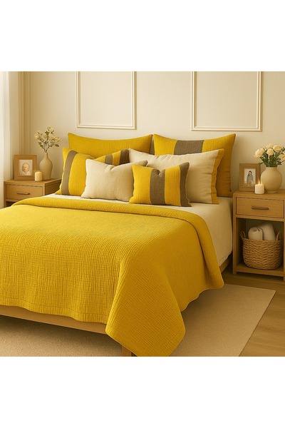 Tasarım HB&Victory Müslin %100 Pamuk Çift Kişilik 4 Katlı Hardal Sarısı Renk Yatak Örtüsü 240x230 Cm.