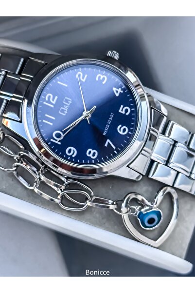 Q&Q Gümüş Renk Çelik Kordon , Rakamlı Lacivert Kadran, Şık Kol Saati+Bileklik