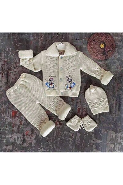 RO KİDS Dört parça ekru TRİKO bebek kışlık şapka unisex örgü takım kol ve yaka kısmı kürklü 9 Aylık 12 Aylık