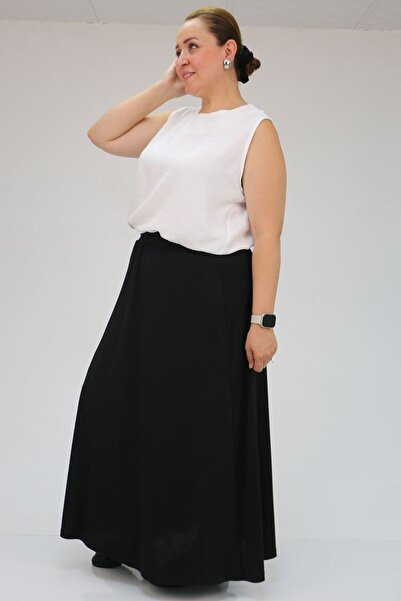 Eslina F-45005 Plus Size Combed Cotton Basic Skirt - Black