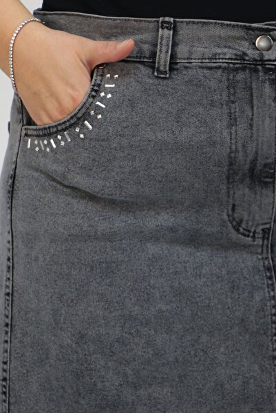 Eslina F-45015 Plus Size Denim Skirt with Pocket Edge Stone Detail - Gray