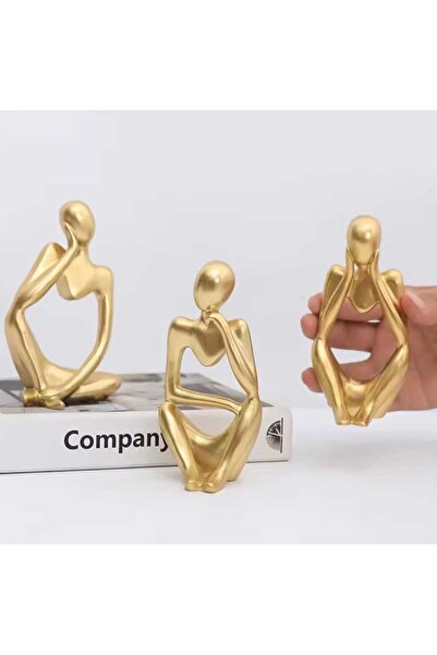rakaymu 3 Lü Polyester Altın Soyut Düşünen Adam Heykel Biblo Aksesuar Seti