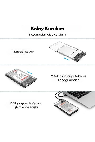 Derwell Yeni 2025 2.5” HDD/SSD USB 3.0 to SATA Dönüştürücü Harici Şeffaf Taşınabilir Kolay Kurulum