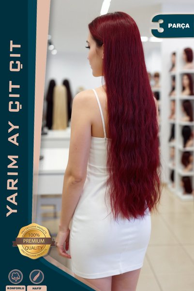 KONAK PERUK Fiber Sentetik Kabarık Dalgalı Yarım Ay + 2 Yan Çıt Çıt - Kızıl