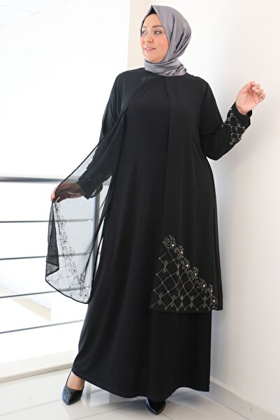 Eslina F-42002 Plus Size Skirt Stone Detailed Sandy - Chiffon Set - Black