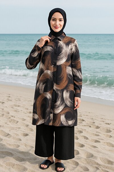 Mercan RUKİYE TAKIM Desenli Uzun Tesettür Tunik Pantolon Takım Keten Kumaş Siyah