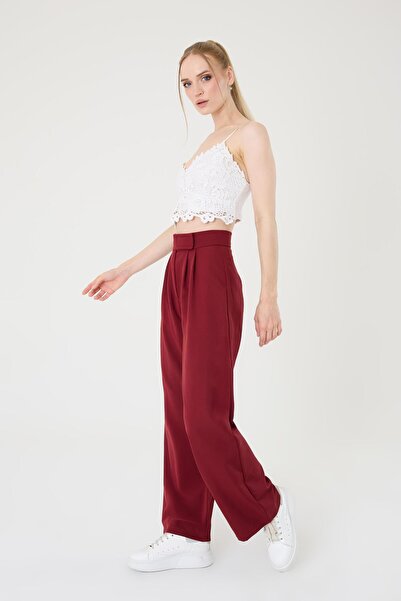 Hazel Kadın Bordo Yüksek Bel Cırtlı Palazzo Pantolon