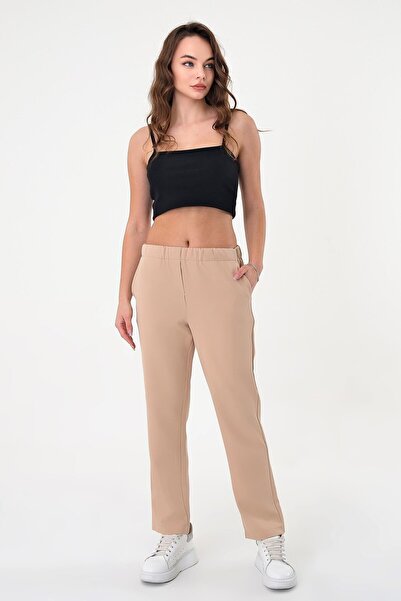 Hazel Pantaloni de damă Stone cu talie înaltă elastică