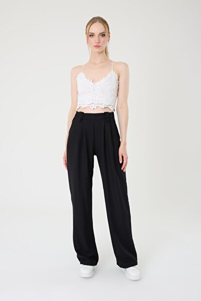 Hazel Γυναικείο μαύρο λινό παντελόνι Palazzo με ψηλόμεσο κουμπί